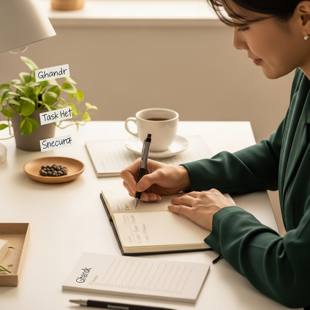 A serene Korean individual is sitting at a minimalist desk, writing in a journal with a pen, surrounded by subtle symbols of gratitude and small achievements like a healthy plant or a completed task list. The atmosphere is peaceful and focused, emphasizing self-reflection and personal growth. Warm, soft lighting. No text in image. lifestyle photography