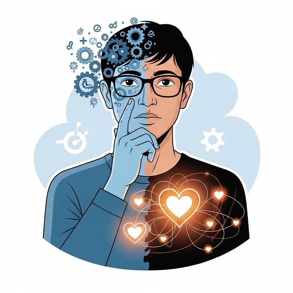 A stylized illustration showing a person in contemplation. One side of their head is depicted with gears and logical symbols, while the other side of their chest/heart area is shown with warm, glowing heart symbols and interconnected lines representing empathy. The background is soft and encouraging. No text in image. Style: conceptual illustration.