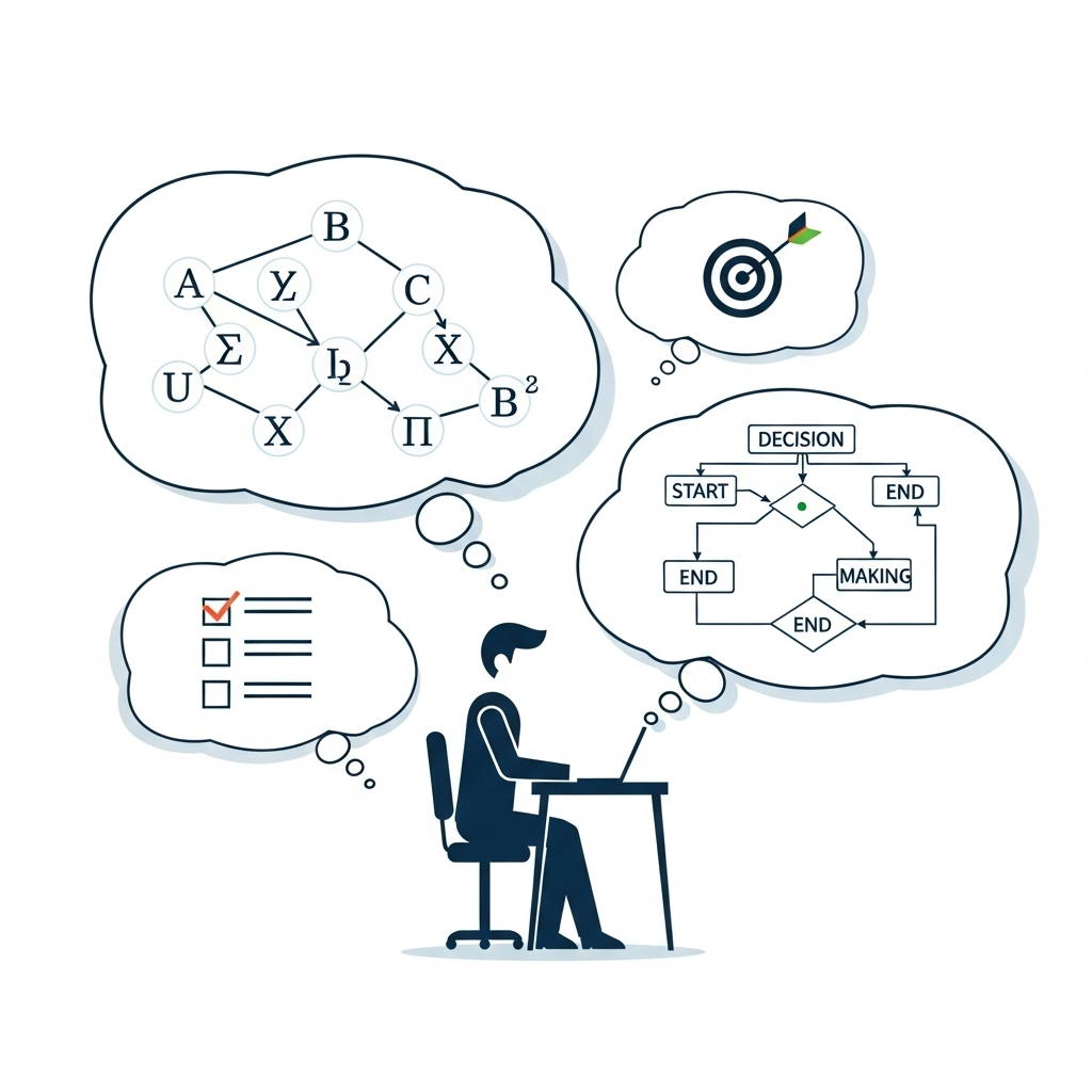 A person sitting calmly at a desk, surrounded by thought bubbles containing logical symbols, flowcharts, and clear goal representations. The atmosphere is focused and organized, illustrating rational decision-making and self-discipline. Style: clean infographic with a human element. No text.
