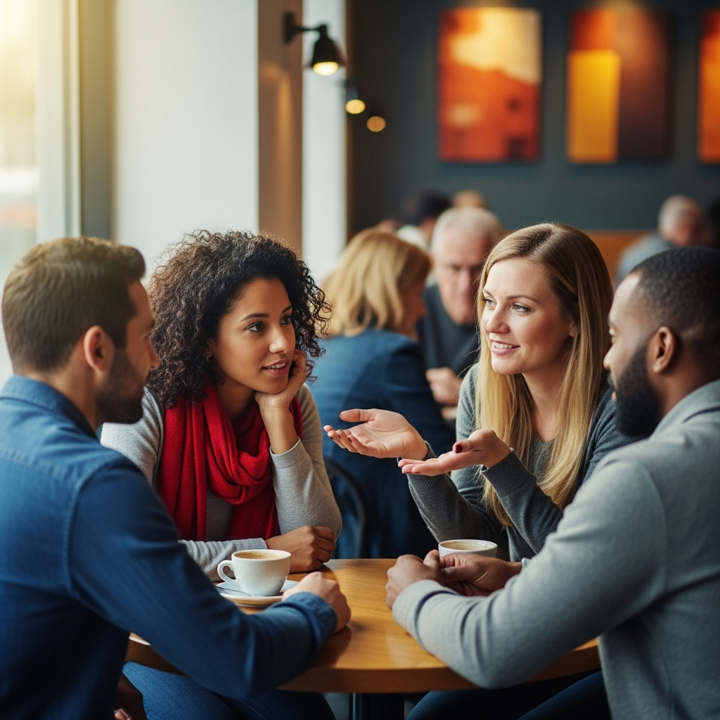 A diverse group of people engaged in thoughtful conversation, with gentle smiles and open body language. They are making eye contact, illustrating empathy, active listening, and mutual respect. Soft, warm lighting enhances the atmosphere of connection. Style: realistic lifestyle photography. No text.