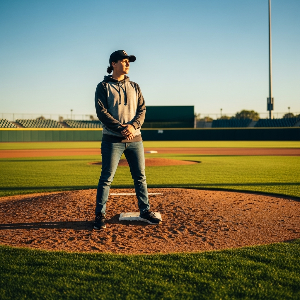 A person stands thoughtfully on a baseball field, looking towards home plate with a mix of contemplation and determination, symbolizing the courage to play despite fear of striking out. The setting is bright and hopeful. lifestyle photography, natural lighting, no text.