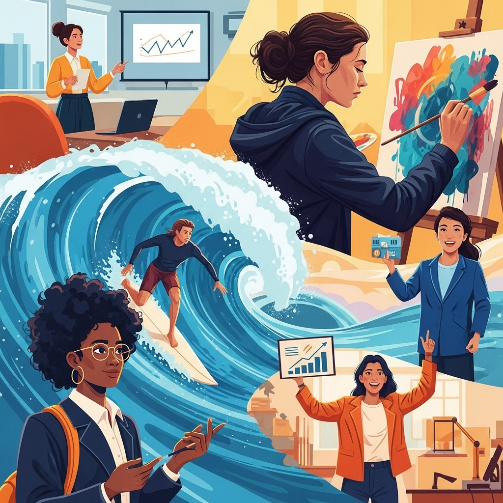 A dynamic collage-like illustration showing various individuals in different life scenarios (e.g., a person giving a presentation, an artist painting, someone learning to surf, an entrepreneur launching a product) all displaying determination and courage to overcome challenges. The overall mood is inspiring and positive. illustration, vibrant colors, no text.