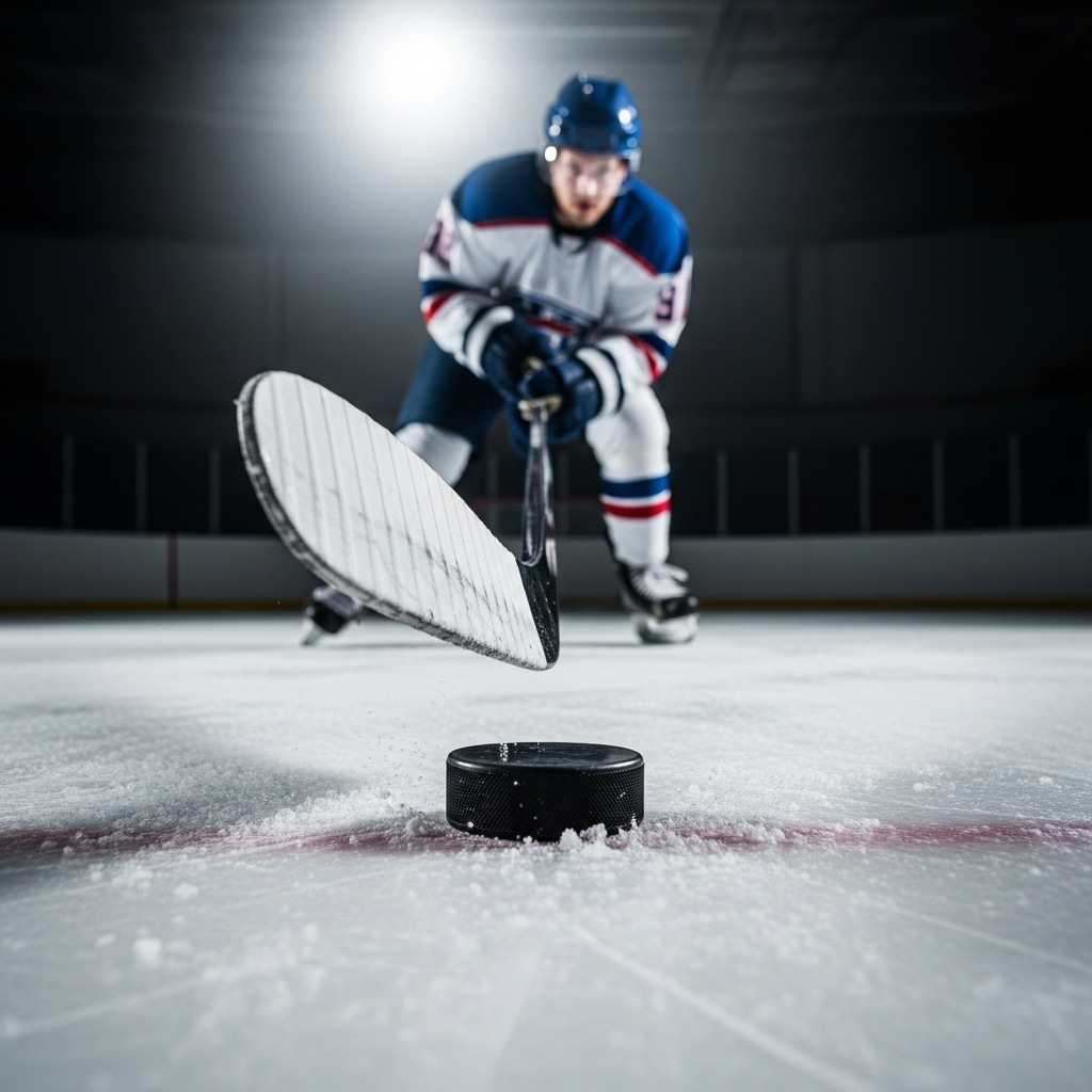 A close-up of a hockey stick poised over a puck on an ice rink, with a determined, slightly blurred background of a player. The scene evokes anticipation and the moment before a shot. Realistic lighting, dynamic perspective. No text.