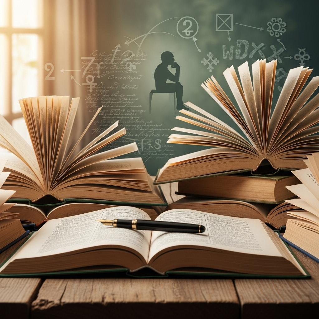 A collection of open books on a wooden table, with a fountain pen resting on one of them. Various quotes and philosophical concepts are subtly suggested in the background, creating an atmosphere of wisdom and learning. Natural light, warm tones. No text.