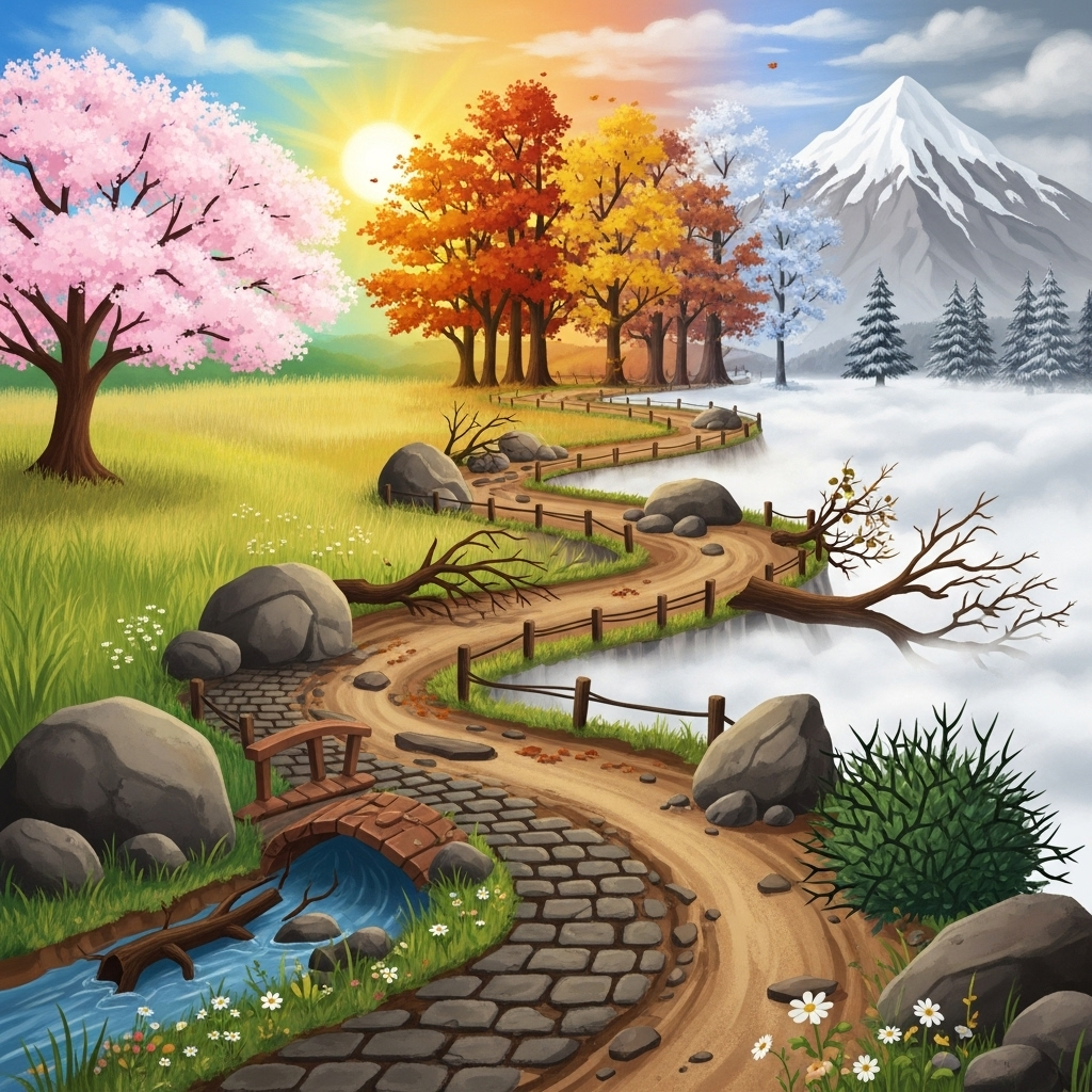 An illustration depicting a winding road representing life's journey, with various obstacles and challenges along the path, but the road continues forward. The background shows a blend of seasons, symbolizing change and continuity. Style: inspirational illustration, no text.