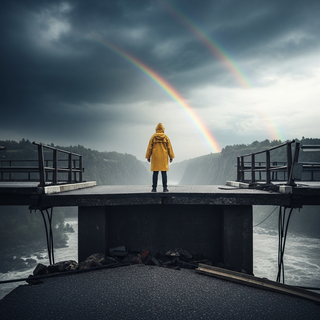 A person standing resiliently amidst a challenging environment (e.g., a stormy path, a broken bridge), looking forward with a determined expression. The background subtly suggests a brighter future ahead. Style: realistic, hopeful photography, no text.