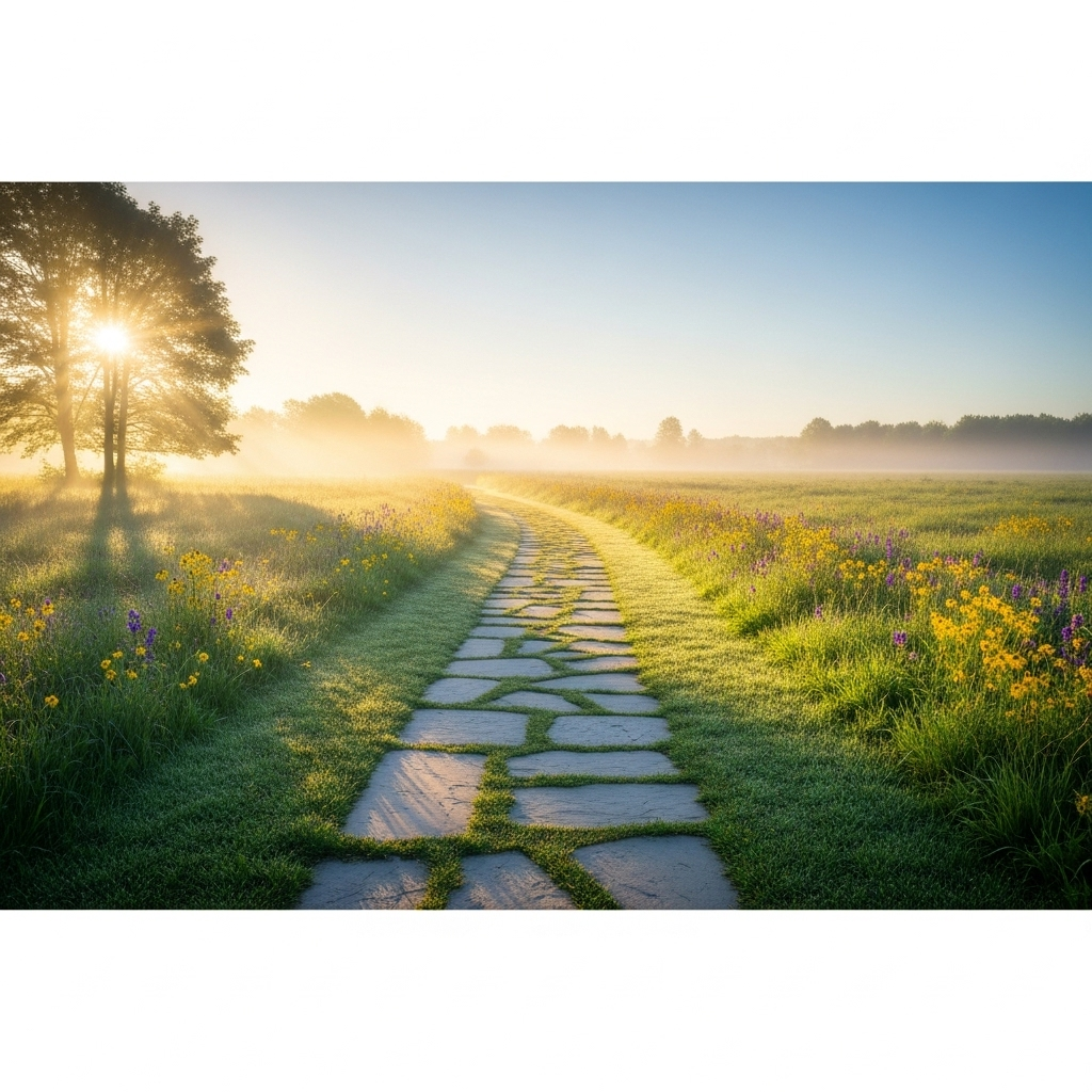 A bright, clear path extending into the distance through a serene landscape, with soft morning light illuminating the way. The path symbolizes new beginnings and hope after challenges. Style: calm, inspiring photography, no text.
