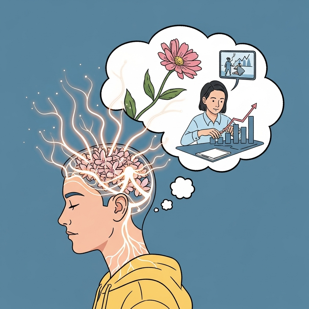 An illustration depicting a person's thoughts (represented by glowing neural pathways or light emanating from their head) manifesting into tangible reality, such as a blooming flower, a successful project, or a calm environment. The person looks focused and serene. Style: conceptual and slightly abstract, clean lines, no text.