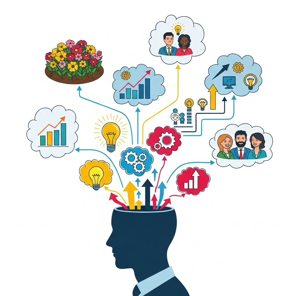 A vibrant infographic-style illustration showing a person's head with bright, positive thoughts (represented by light bulbs, gears turning, or upward arrows) emanating from it. These thoughts are connected by lines to various positive outcomes in their life, such as a blooming garden, a successful career path, or joyful interactions with others. The overall feeling is one of growth and manifestation. Style: Clean, informative infographic, no text.