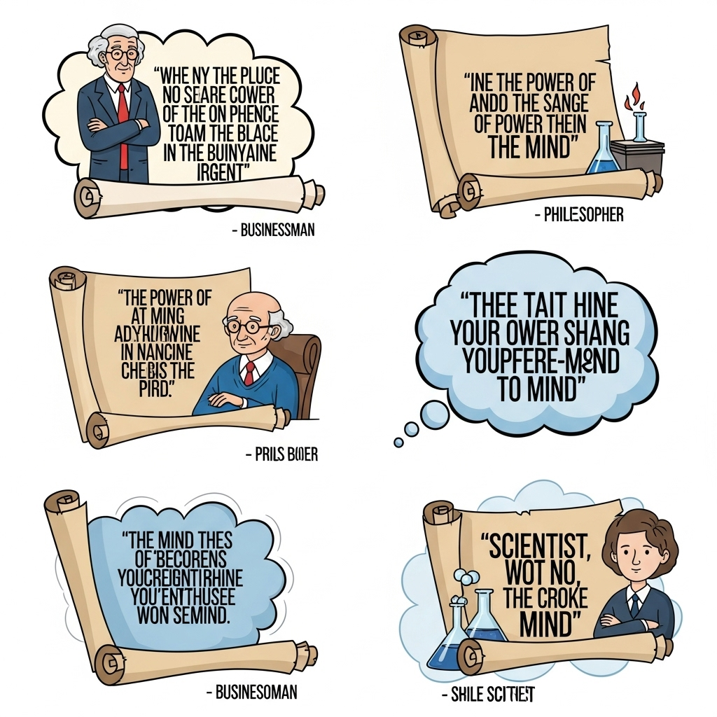 An illustration depicting various thought bubbles or scrolls with inspiring quotes about the power of the mind, from diverse figures like a businessman, a philosopher, and a scientist. Each quote is presented in a way that suggests profound wisdom. The overall style is intellectual and encouraging, no text.