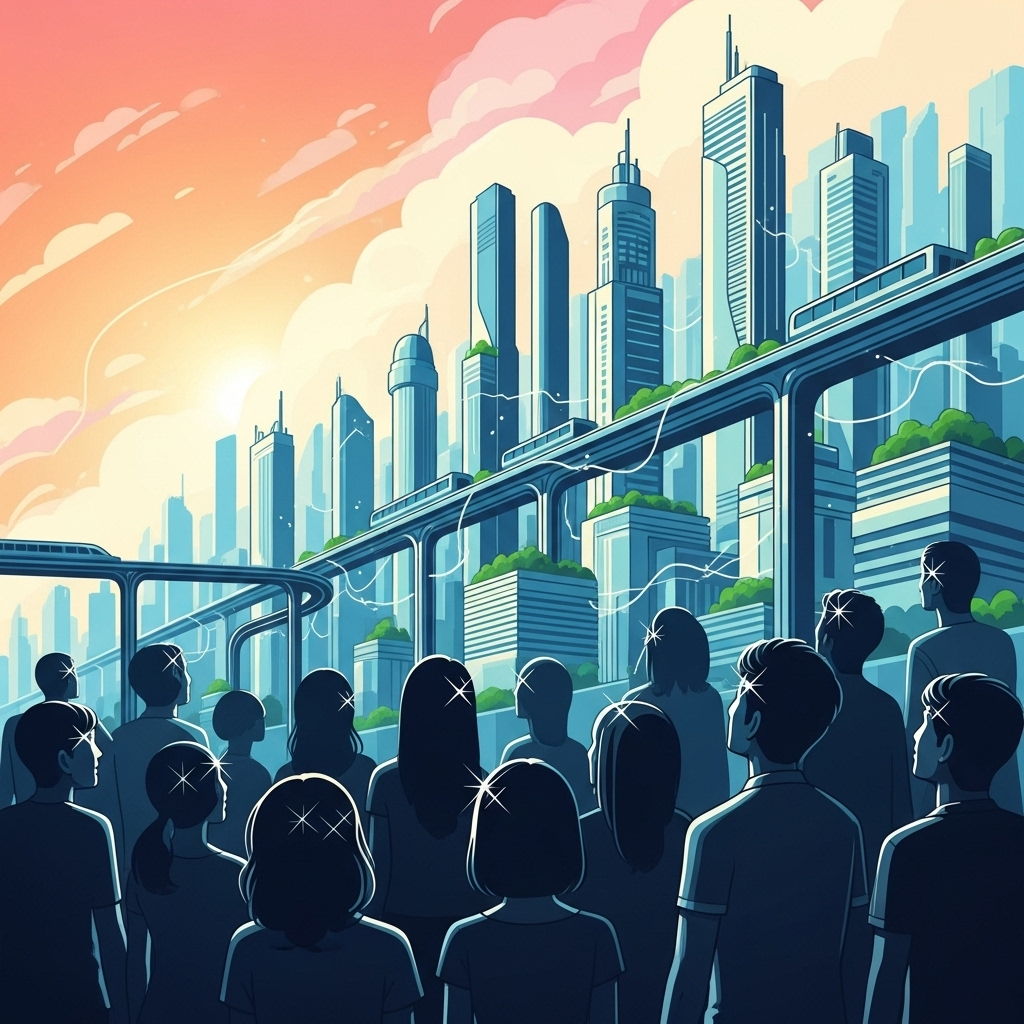 A diverse group of people, eyes sparkling with hope, looking towards a bright, futuristic cityscape. The atmosphere is vibrant and inspiring. Style: clean infographic with a touch of warmth. No text.