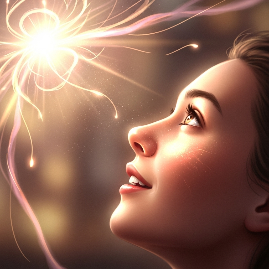 A person gazing at a radiant, ethereal light that symbolizes the beauty of their dreams. The light illuminates their face with hope and determination. The background is slightly blurred to emphasize the dream. Style: dreamlike illustration with soft, warm colors. No text.