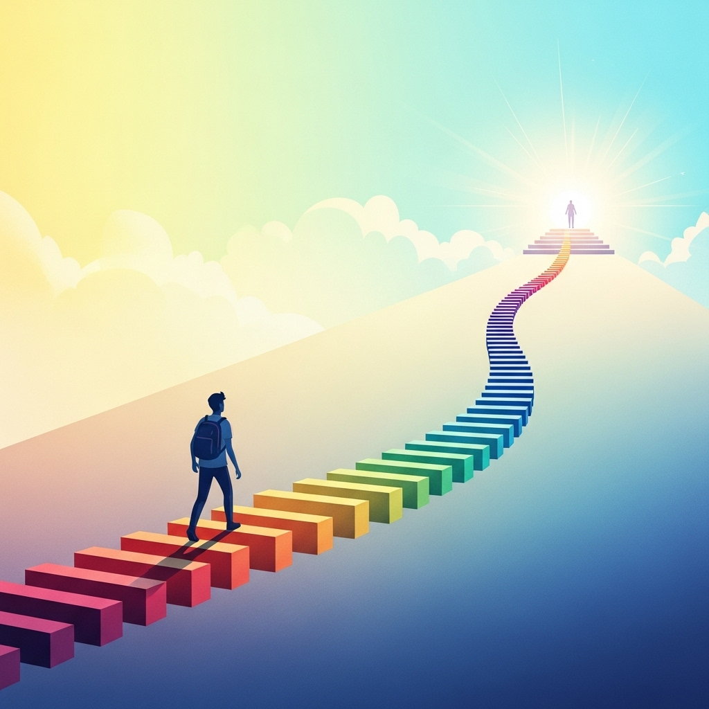 A stylized illustration of a person walking up a winding path towards a distant, glowing goal. The path is made of small, distinct steps, symbolizing daily habits and efforts. The background is bright and encouraging. Style: uplifting illustration. No text.