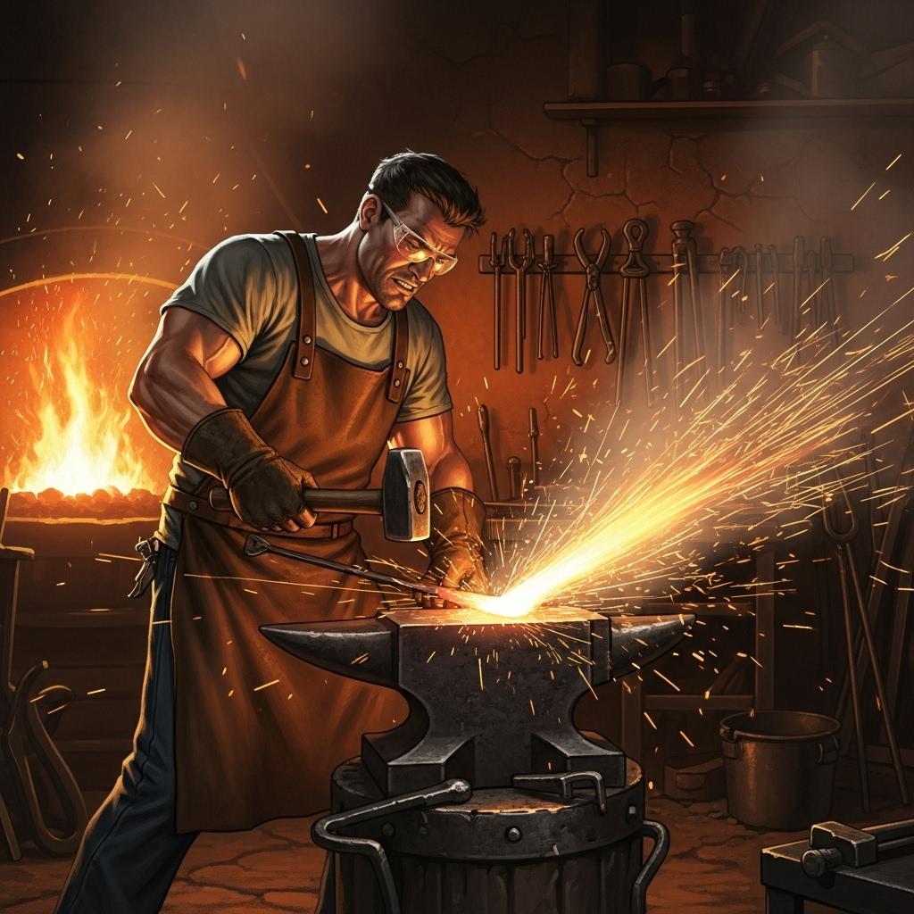 A dynamic illustration of a blacksmith actively striking a piece of iron with a hammer on an anvil, sparks flying. The atmosphere is determined and proactive. No text.