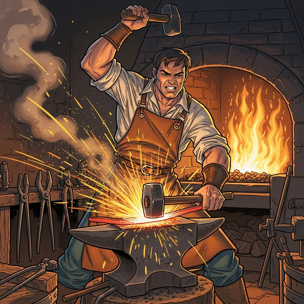 An energetic illustration of a blacksmith confidently swinging a hammer at a glowing piece of iron on an anvil in a traditional forge. Sparks are flying, emphasizing action and creation. No text.