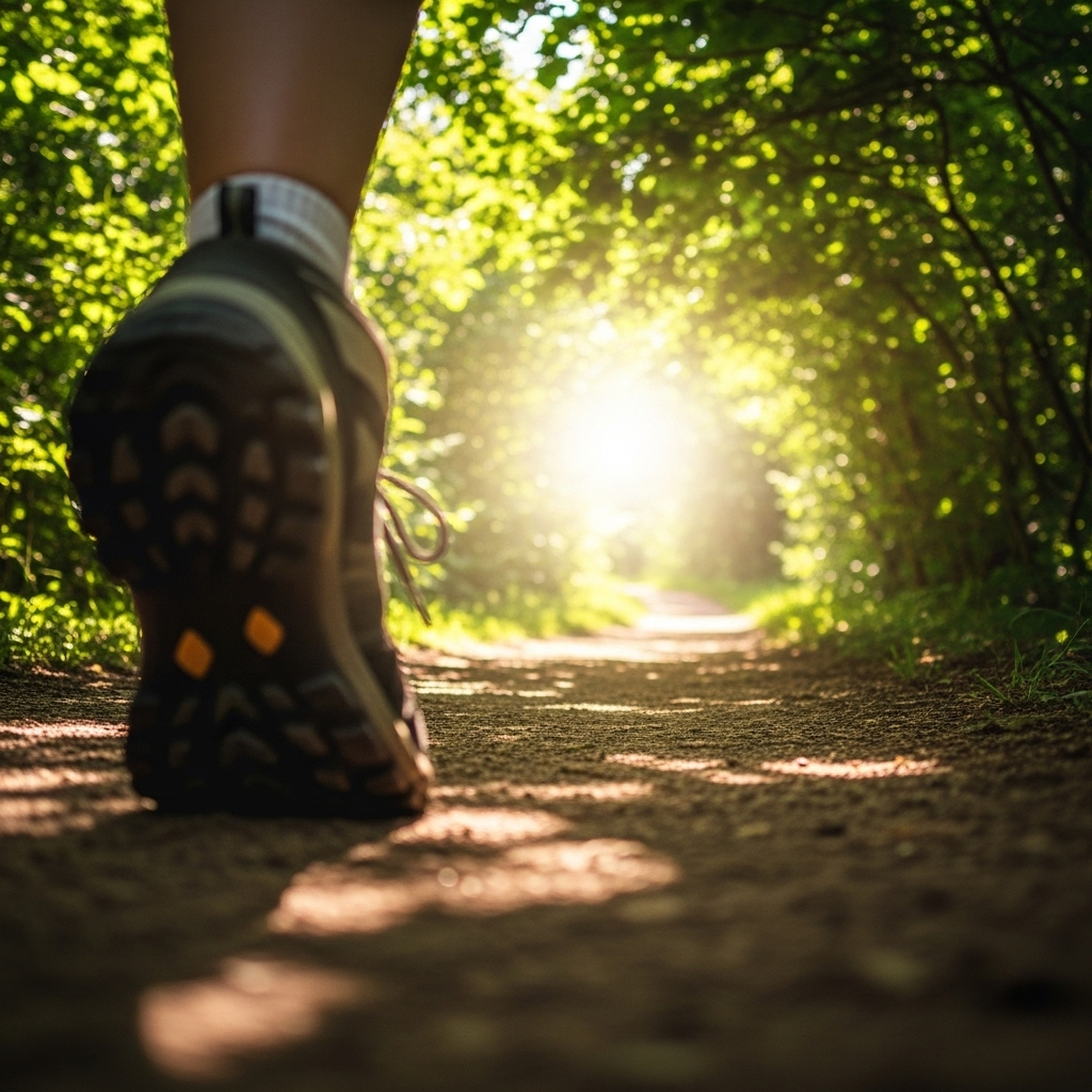 A person's foot taking a confident first step on a clear, winding path. The path ahead is slightly illuminated, symbolizing hope and proactive movement. The overall atmosphere is encouraging and inspiring. No text.