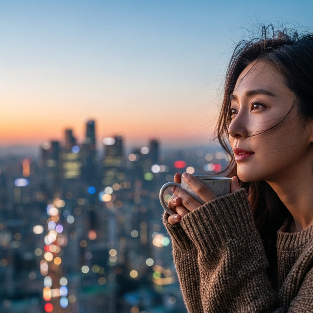 A thoughtful Korean woman looking out over a city, reflecting on life, with a warm, contemplative atmosphere. Lifestyle photography, natural lighting. No text.