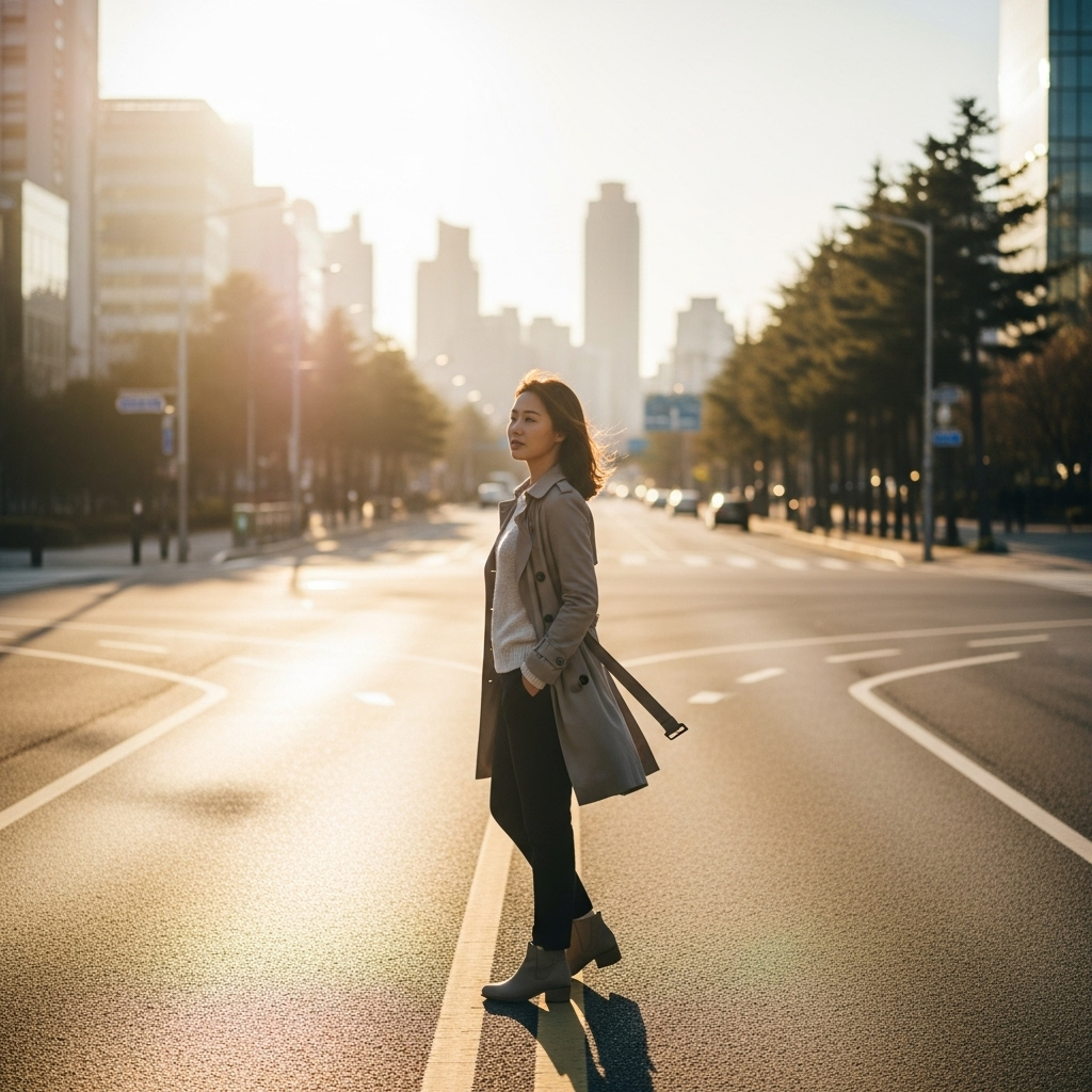 A determined Korean woman standing at a crossroads, choosing a path with confidence, symbolizing courageous choices and walking her own path. Bright, hopeful atmosphere, lifestyle photography. No text.