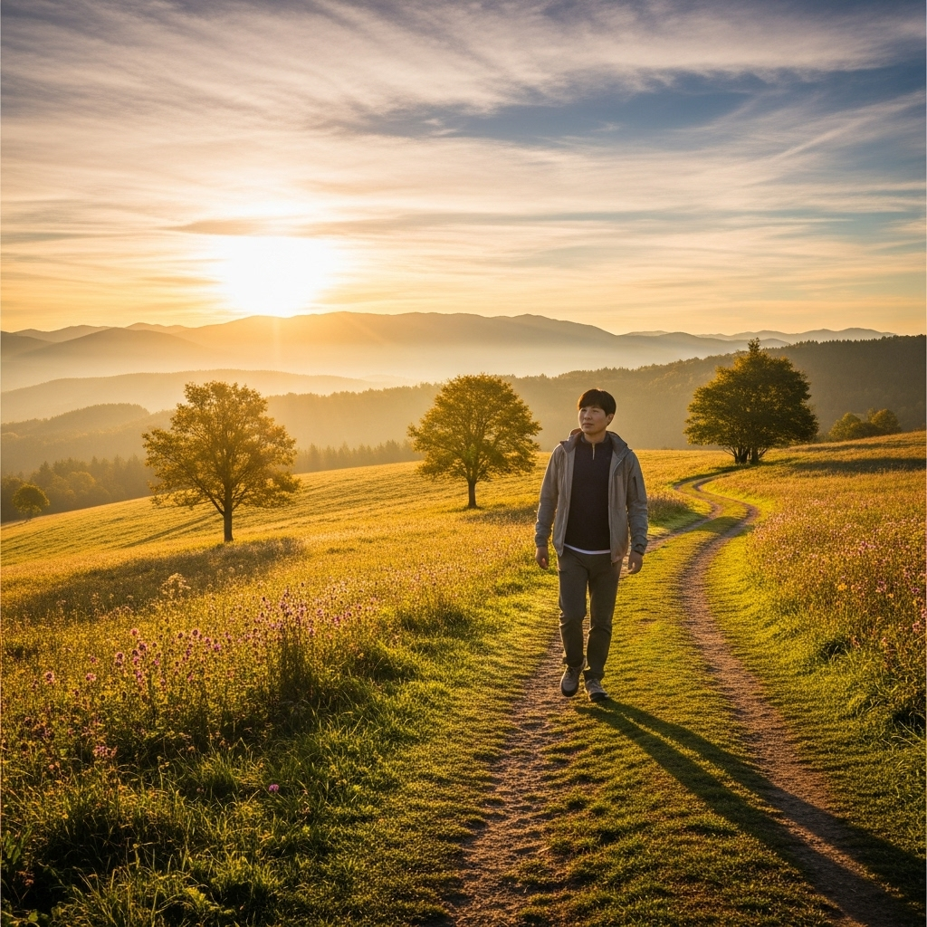A lone Korean person walking confidently down a path in a beautiful, open landscape bathed in warm sunlight, symbolizing hope, journey, and fulfilling life. Atmospheric landscape photography. No text.