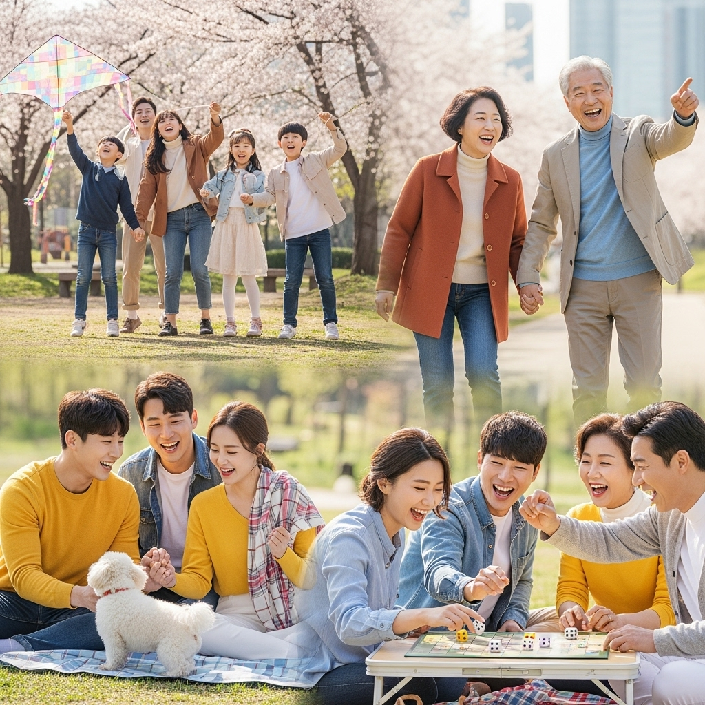 A vibrant lifestyle image of diverse Korean people laughing and enjoying various activities outdoors, symbolizing happiness and life's purpose. Bright natural lighting, cheerful atmosphere. No text in image.