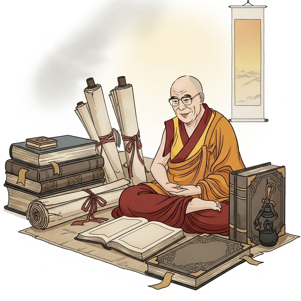 An illustration depicting ancient scrolls and books juxtaposed with a serene, wise Asian figure reminiscent of the Dalai Lama, symbolizing the timeless wisdom of pursuing happiness. Traditional art style, soft lighting. No text in image.