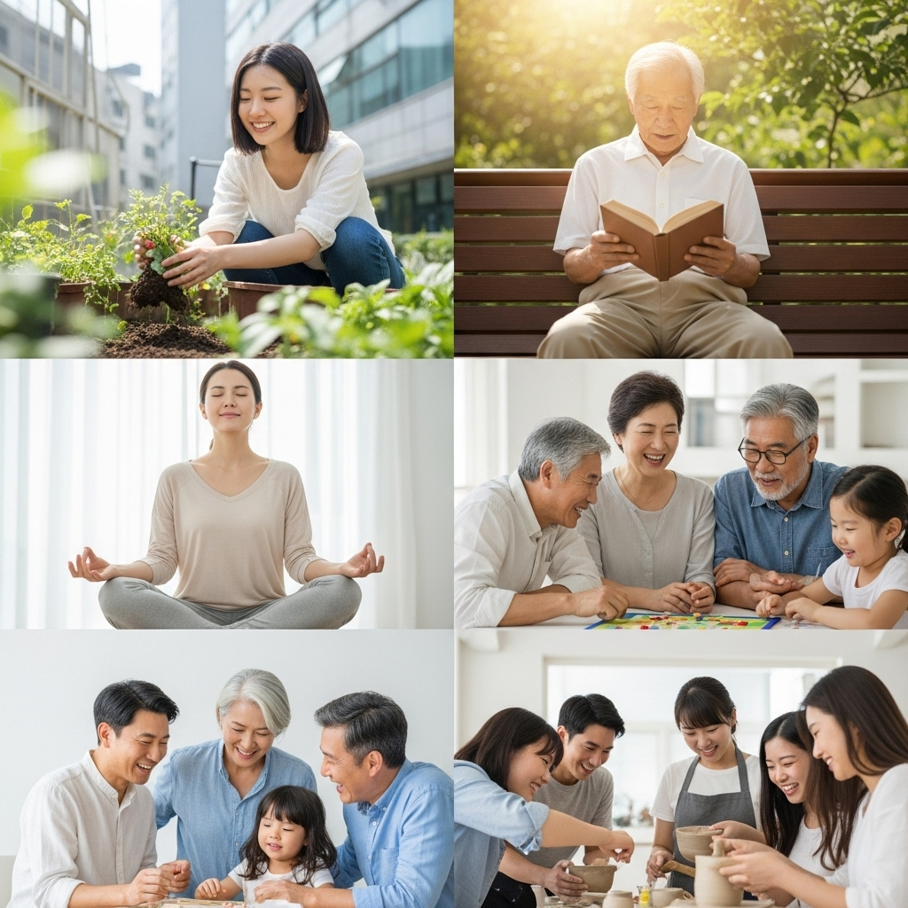 Lifestyle photography of diverse Korean people engaged in activities that bring them happiness: gardening, reading, meditating, spending time with loved ones, learning new skills. Focus on genuine smiles and peaceful expressions. Bright, natural light. No text in image.