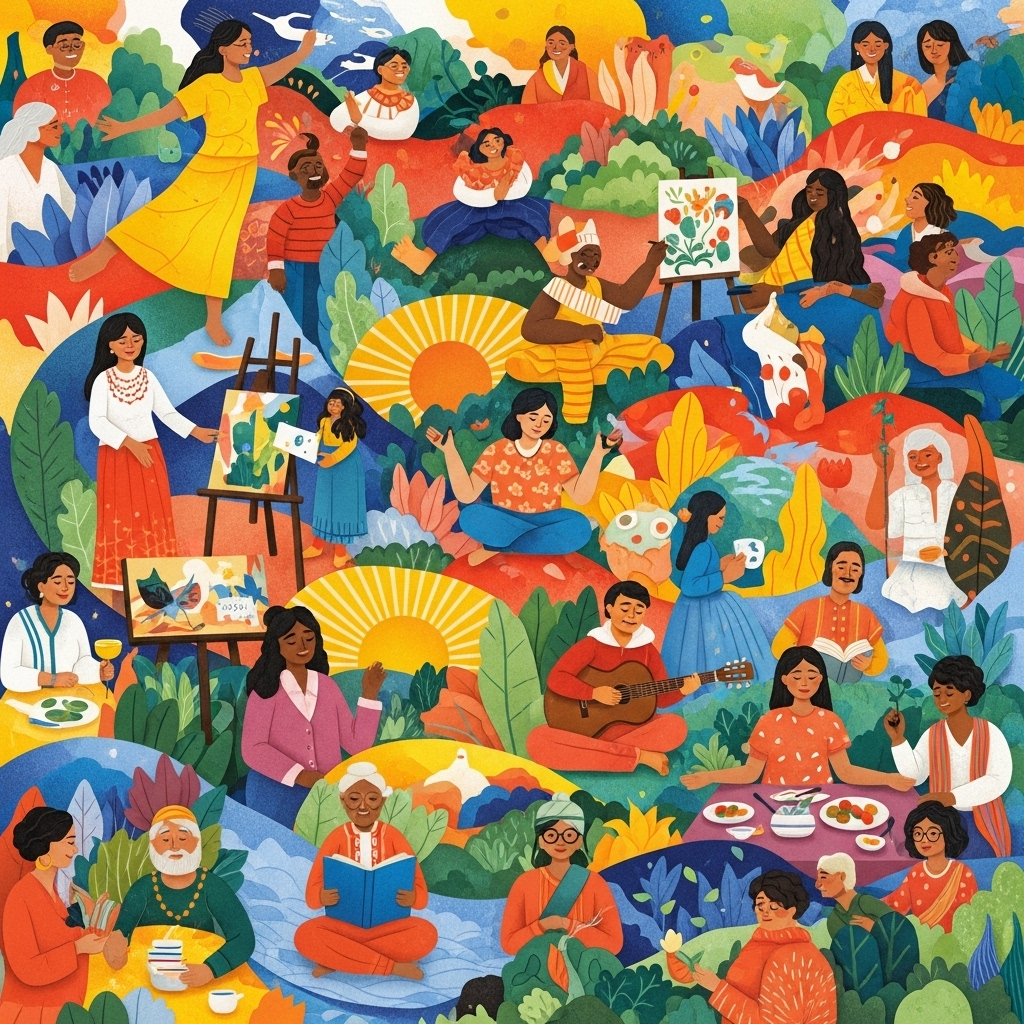 A vibrant collage illustration showing diverse people from various cultures expressing joy and contentment through different activities, symbolizing universal happiness and inspiration. Dynamic and colorful composition. No text in image.
