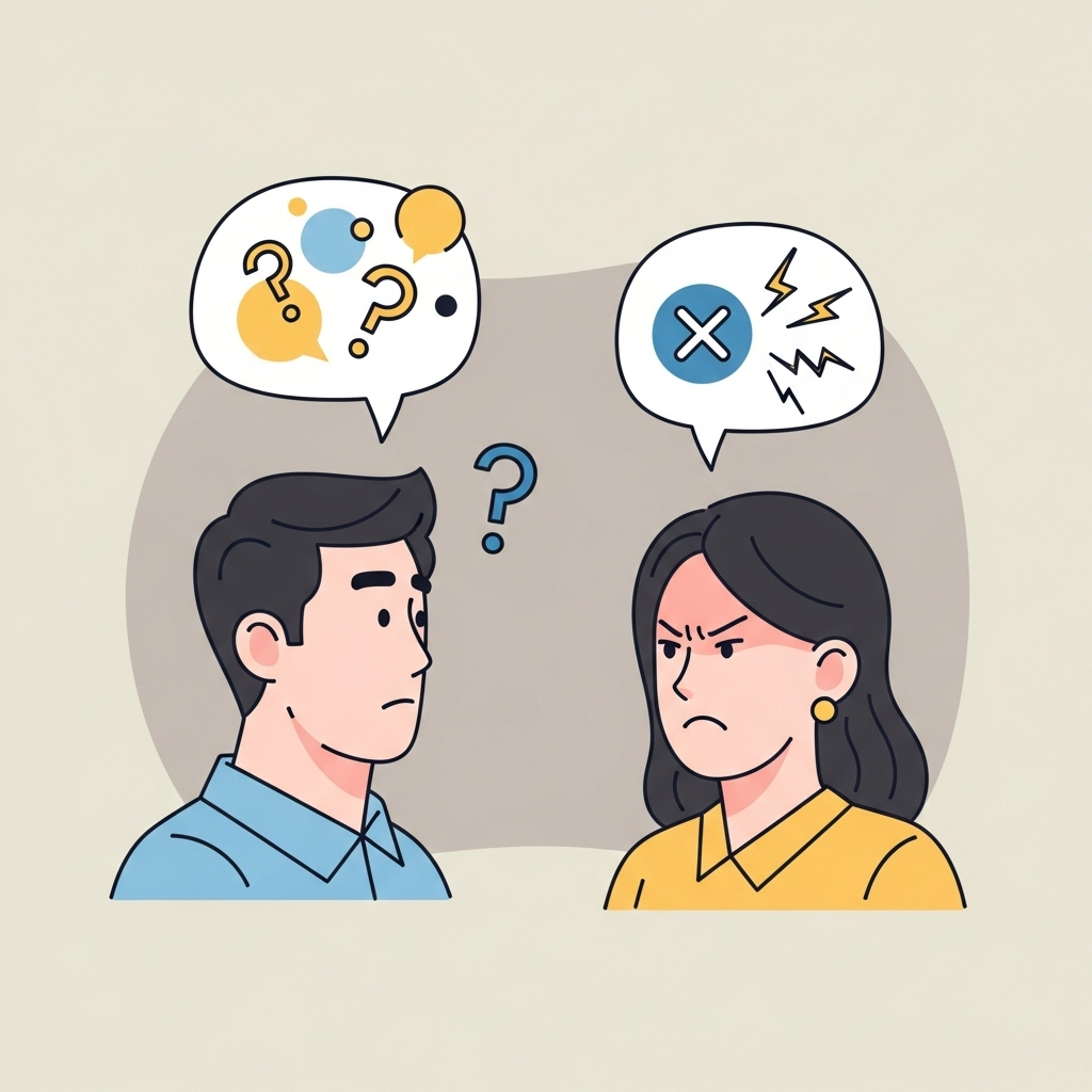 A thought-provoking illustration of two Korean people having a conversation, with thought bubbles above their heads showing conflicting interpretations of the same words. One person looks confused, the other frustrated. The atmosphere is slightly tense. Style: clean infographic. No text in image.