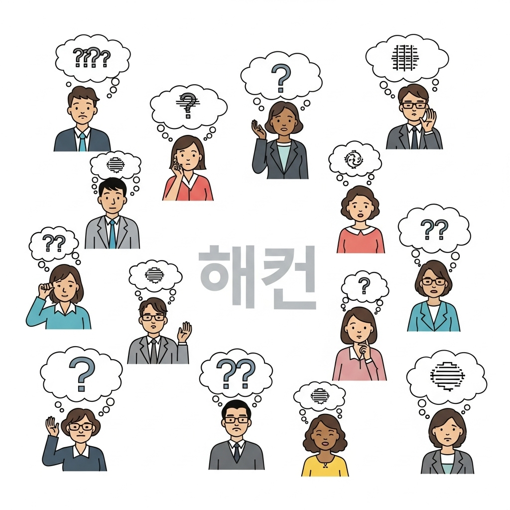 An illustration depicting a diverse group of Korean people, each with different thought bubbles above their heads, interpreting the same word or phrase in various ways, causing confusion and slight dismay. The word "괜찮아" in Korean characters is faintly visible in the center, but no explicit text. Style: infographic with diverse character design. No text in image.
