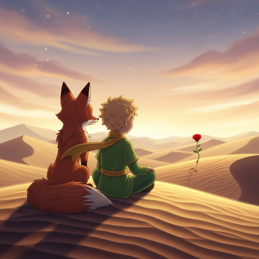 An enchanting illustration of the Little Prince and the Fox (Korean characters) sitting together on a desert dune, looking at a distant rose. The scene emphasizes deep connection and silent understanding, with warm, soft lighting. Style: whimsical illustration. No text in image.