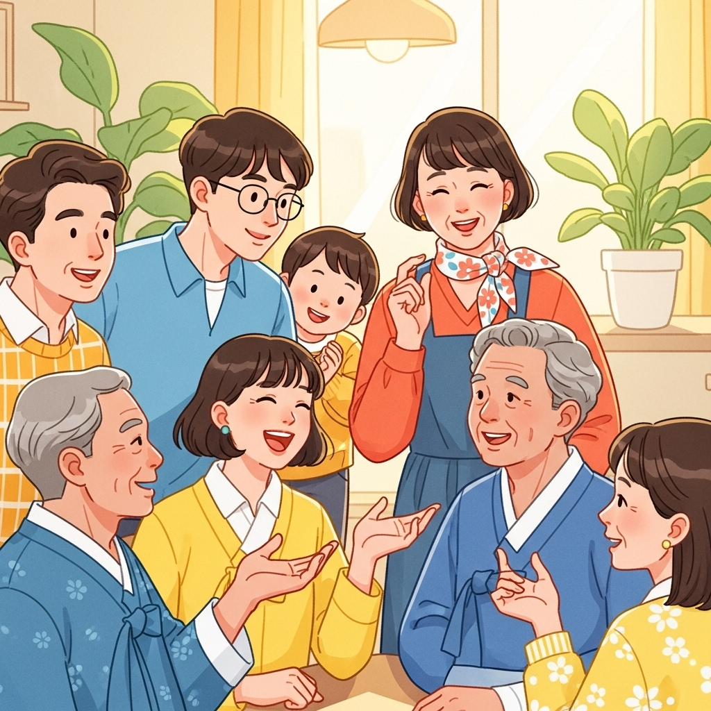 A vibrant illustration of a diverse group of Korean people of various ages and genders engaging in harmonious and joyful communication. They are laughing, gesturing, and making eye contact, showing mutual understanding. Bright, inviting colors. Style: lifestyle illustration. No text in image.