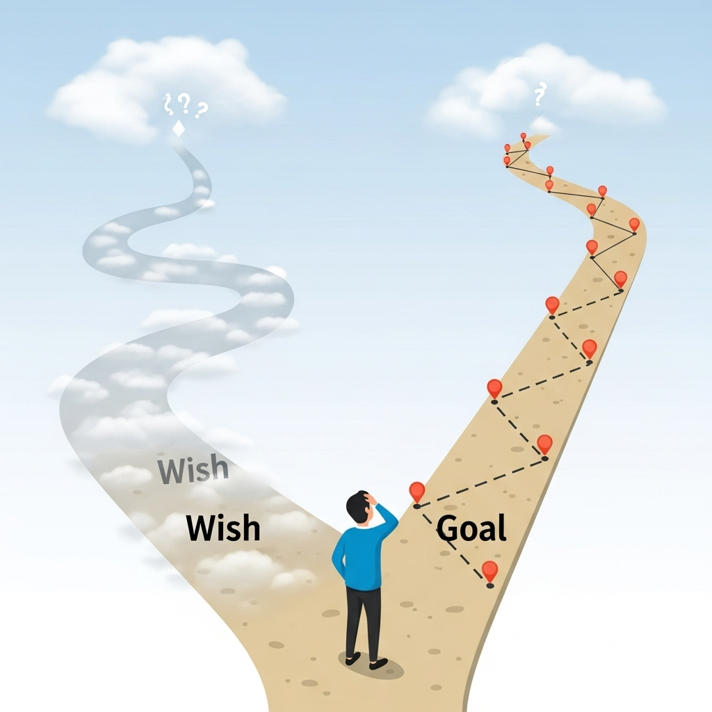 An illustration depicting two paths: one is a cloudy, winding, unclear path labeled "Wish" leading nowhere specific, and the other is a clear, straight, well-defined roadmap with milestones labeled "Goal." A person stands at the fork, looking perplexed at the wish path and hopeful at the goal path. Style: clean infographic. No text.
