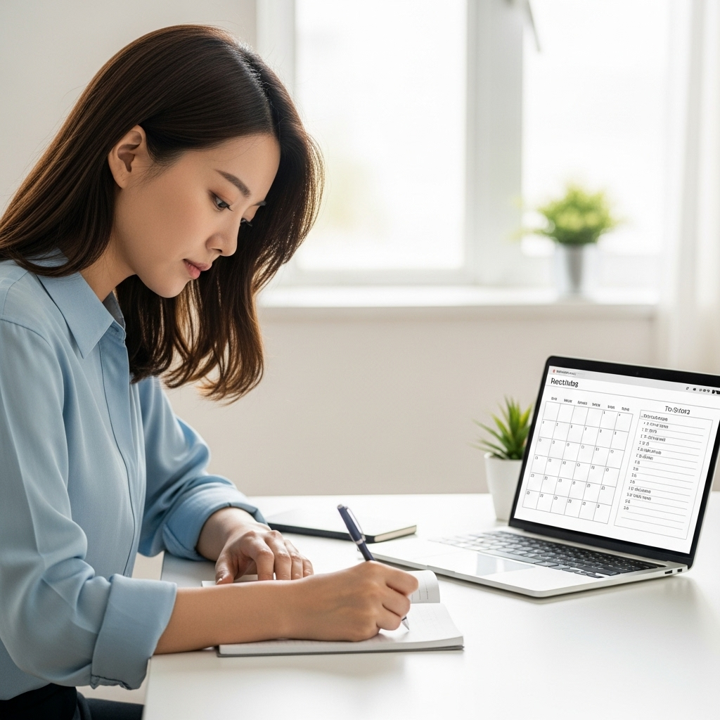 A Korean person (male or female, early 30s) sitting at a desk, looking focused, actively writing down a plan in a notebook. On the desk, there's a laptop displaying a calendar and a to-do list. The setting is a bright, modern home office. Style: lifestyle photography. No text.