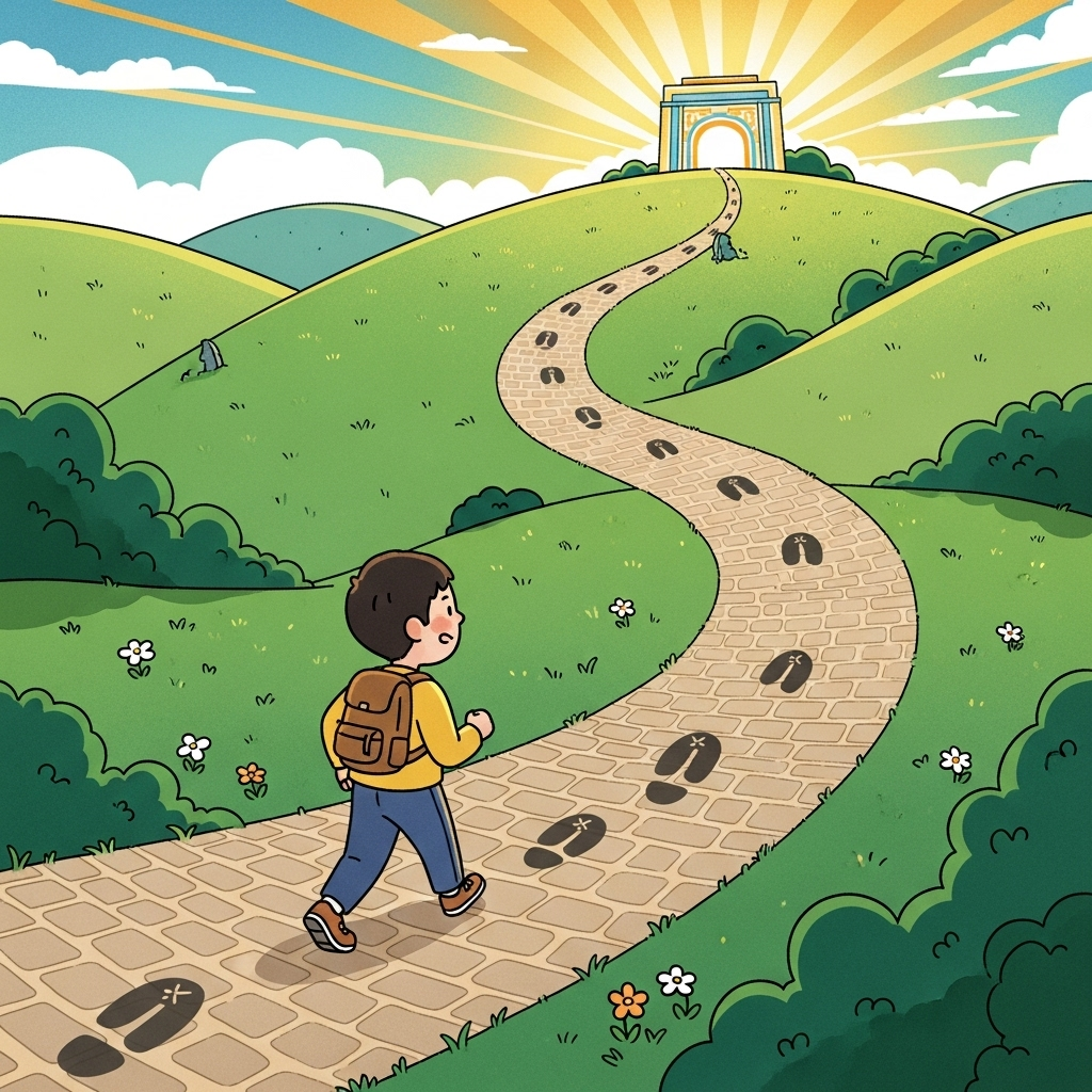 An illustration of a winding, uphill path with a small but determined Korean person consistently taking steps forward. Each step is clearly marked, indicating progress. The background shows a brighter, successful destination in the distance. Style: inspiring illustration. No text.
