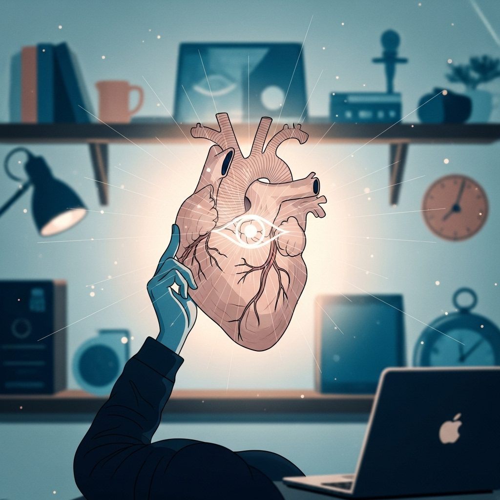 An illustration of a stylized human heart, glowing softly, with faint lines radiating from it, suggesting a form of vision or insight. Around it, blurred everyday objects symbolize the visible world, contrasting with the heart's clear sight. The overall mood is thoughtful and serene, in an illustration style. No text.