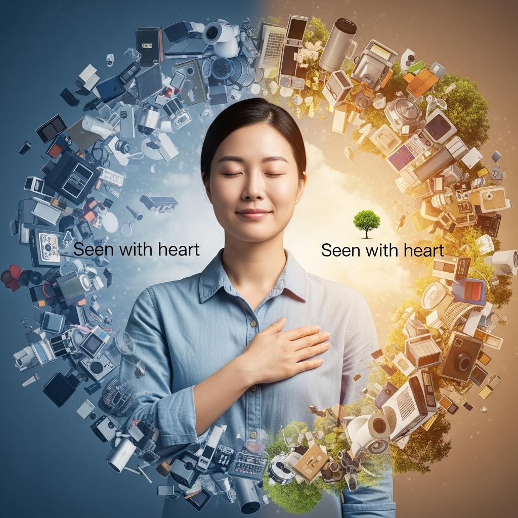 A Korean person, with a serene expression, gently touching their chest where their heart is. Around them, the world is depicted in two layers: a blurry, chaotic outer layer of superficial objects and a clear, warm inner layer of genuine connections and natural beauty, emphasizing "seeing with the heart." Lifestyle photography style. No text.