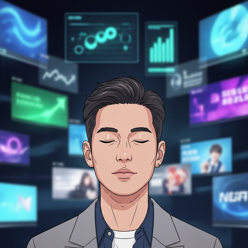 A modern Korean individual, surrounded by digital screens and advertisements, closing their eyes or looking thoughtfully inward. The background shows blurred, distracting elements, while the foreground emphasizes a calm, contemplative expression, suggesting a search for inner meaning. Illustration style. No text.