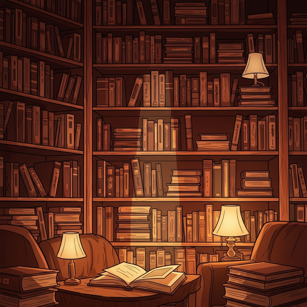 A cozy, warm-lit library filled with ancient and modern books, suggesting wisdom from various cultures and times. A single ray of light illuminates a space where one might reflect on profound quotes. Illustration, warm and inviting. No text.
