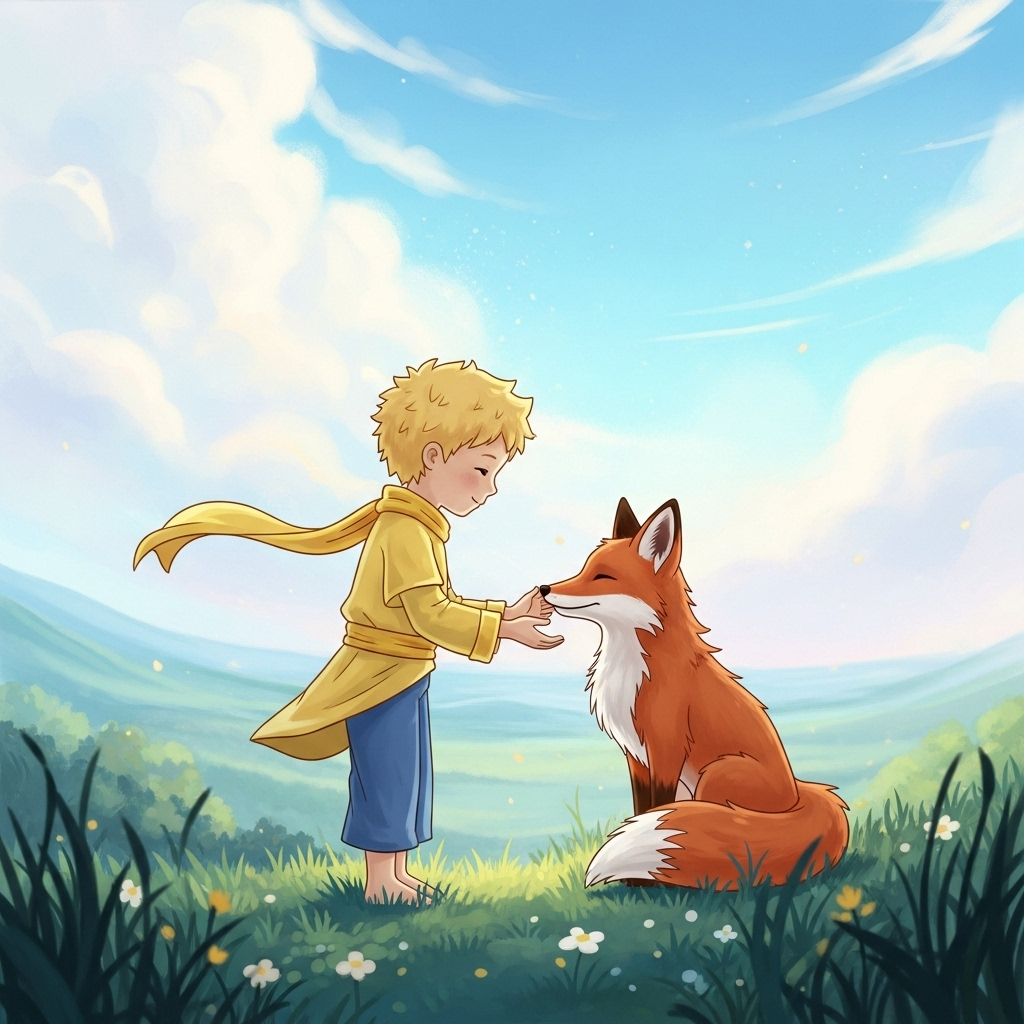 A charming illustration in the style of "The Little Prince," showing a young boy with golden hair gently interacting with a fox in a vast, ethereal landscape. The scene conveys a sense of wonder, connection, and the beginning of a profound relationship. Soft, dreamlike colors. No text in image.