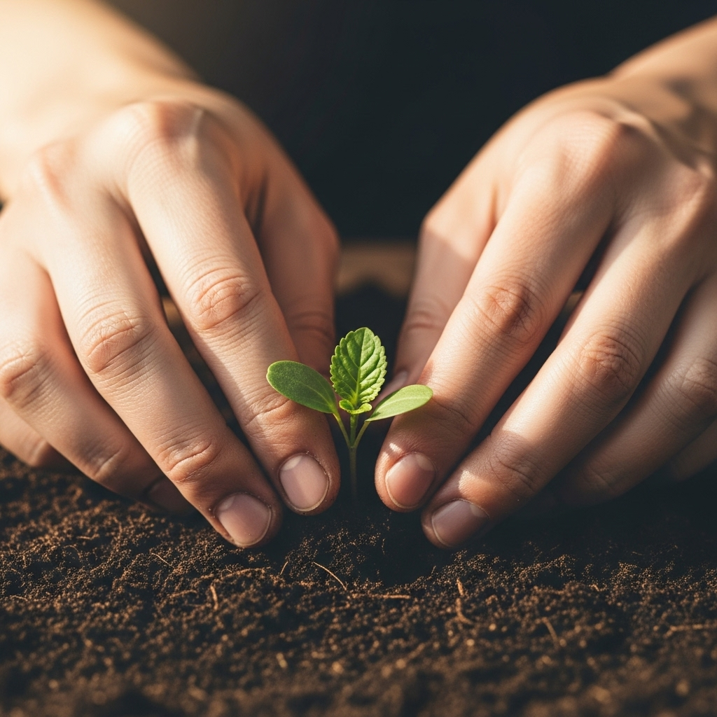 Close-up lifestyle photography of a pair of hands gently planting a small seedling in rich soil, symbolizing nurturing, care, and the beginning of a long-term commitment. Natural light, soft focus on the hands and plant. No text in image.
