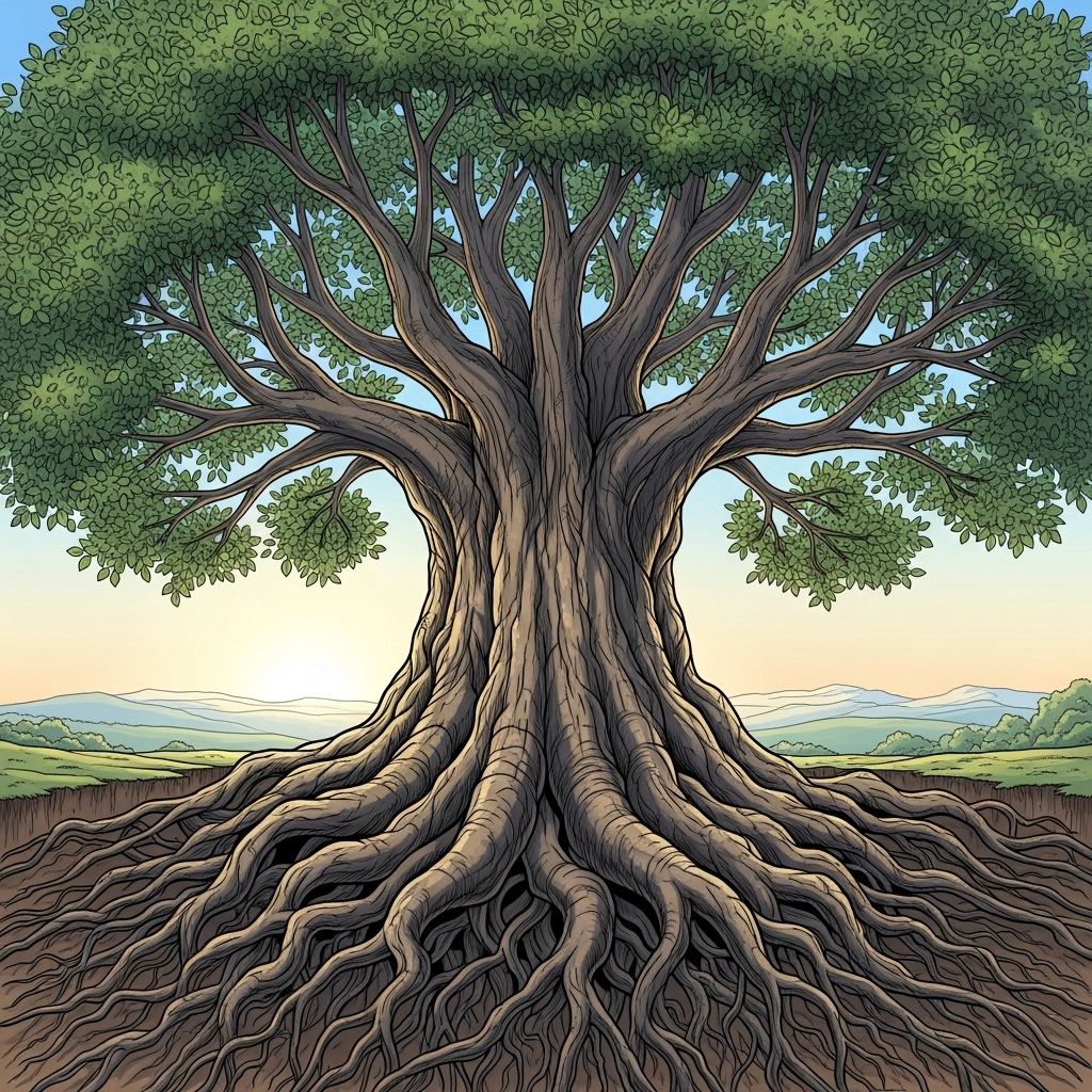 A magnificent, ancient tree with deep, visible roots firmly anchoring it to the earth, symbolizing enduring commitment, stability, and long-term responsibility. The tree stands strong against a soft, scenic background. Illustration style. No text in image.