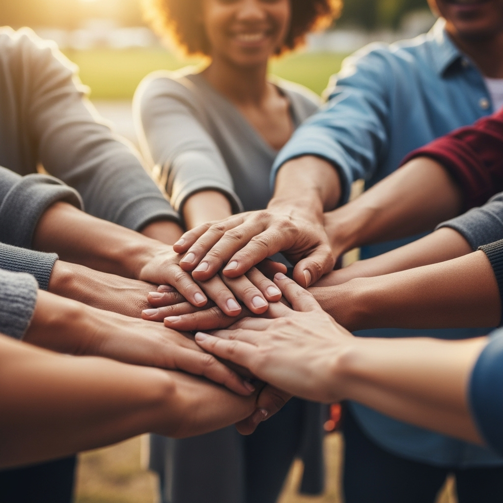 A diverse group of people's hands gently clasped or linked together, forming a circle or chain, symbolizing unity, mutual support, and shared responsibility in a community. Warm, inviting atmosphere. Lifestyle photography. No text in image.