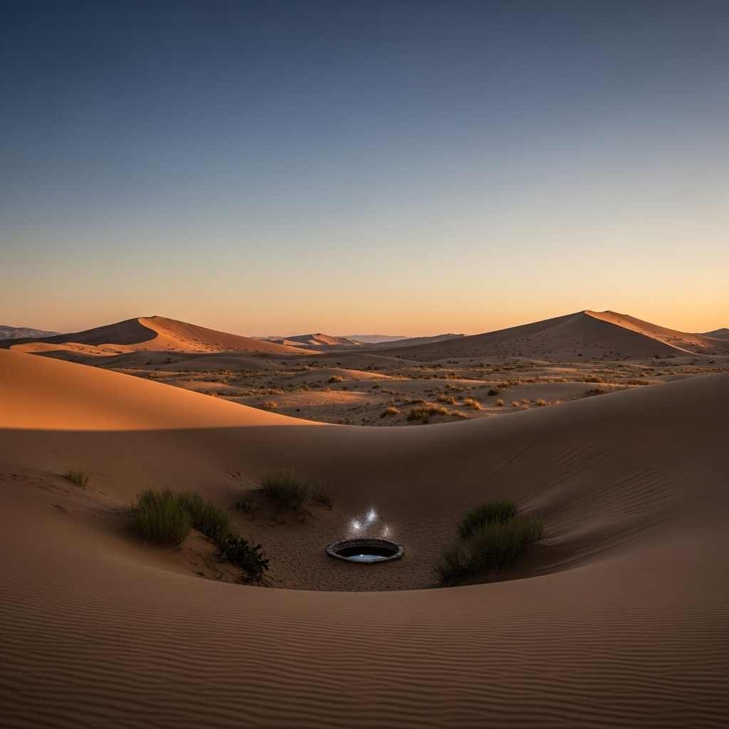 A vast, beautiful desert landscape under a clear sky, with a faint, shimmering well hidden amidst the sand dunes, symbolizing hope and hidden value. Realistic, natural lighting, no text.