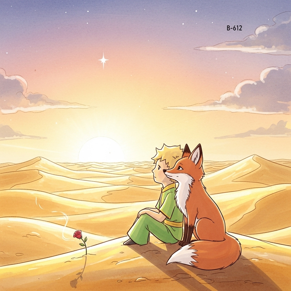 A delicate illustration depicting the Little Prince and the Fox sitting together in a vast, golden desert, looking contemplative. The atmosphere is serene and thoughtful. No text.