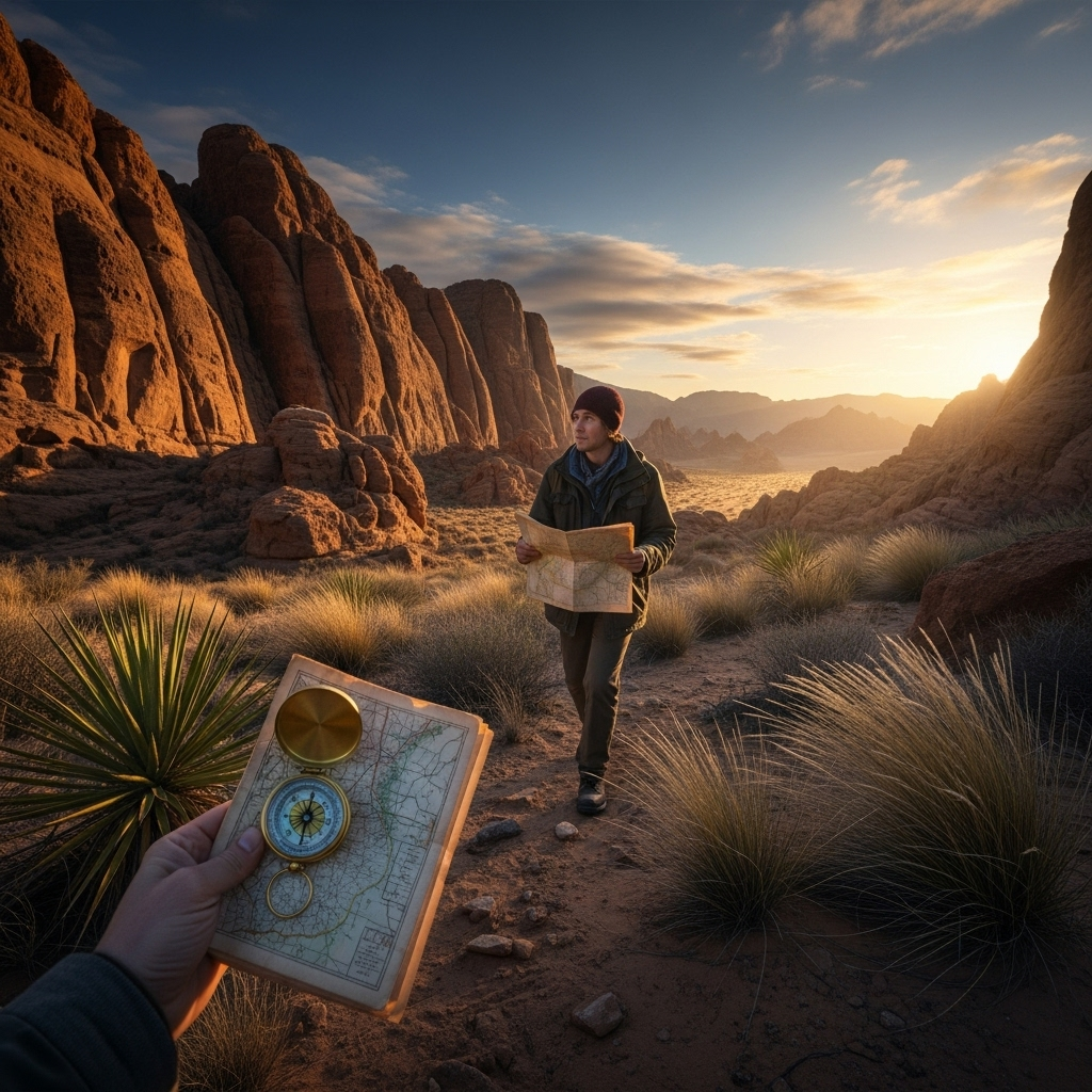 A lone figure, resilient and determined, walking through a challenging but beautiful desert landscape under a hopeful sky. The person holds a map or compass, symbolizing the search for hidden value. Natural lighting, focus on strength, no text.