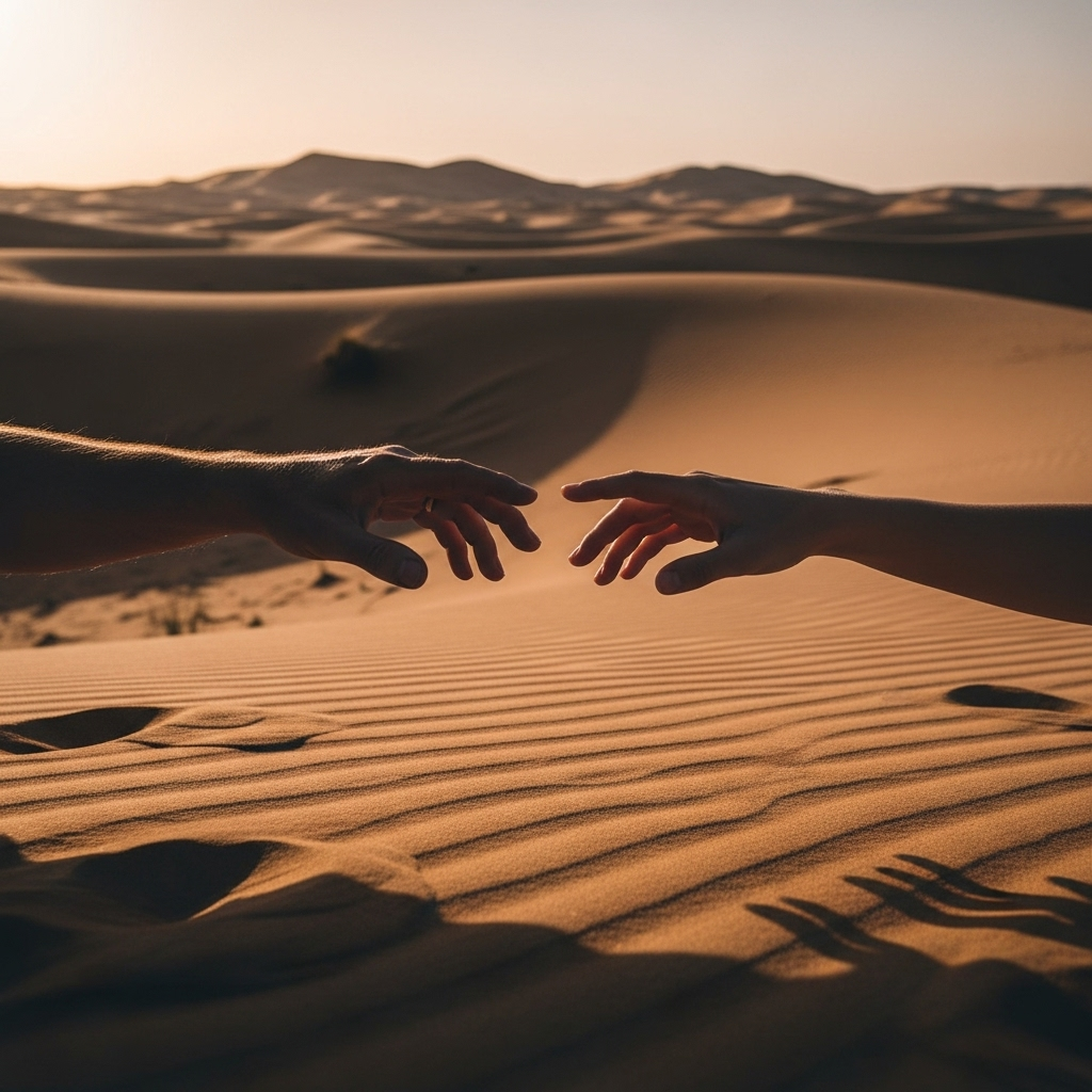 Two hands gently reaching out to each other amidst soft sand dunes in a peaceful desert setting, symbolizing connection, understanding, and finding hidden value in relationships. Soft, warm lighting, no text.