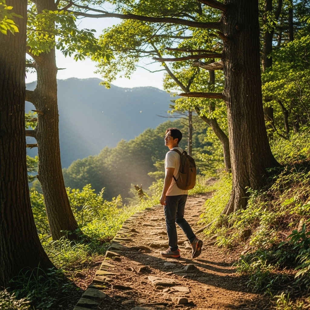 A traveler walking freely on a scenic mountain path with a small backpack, sunlight filtering through trees, peaceful atmosphere, lifestyle photography style, Korean person, natural lighting, sense of freedom and lightness, no text