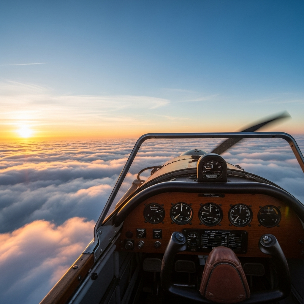 View from vintage airplane cockpit flying above clouds, golden hour lighting, sense of freedom and adventure, aviation themed, nostalgic atmosphere, clear sky, no text