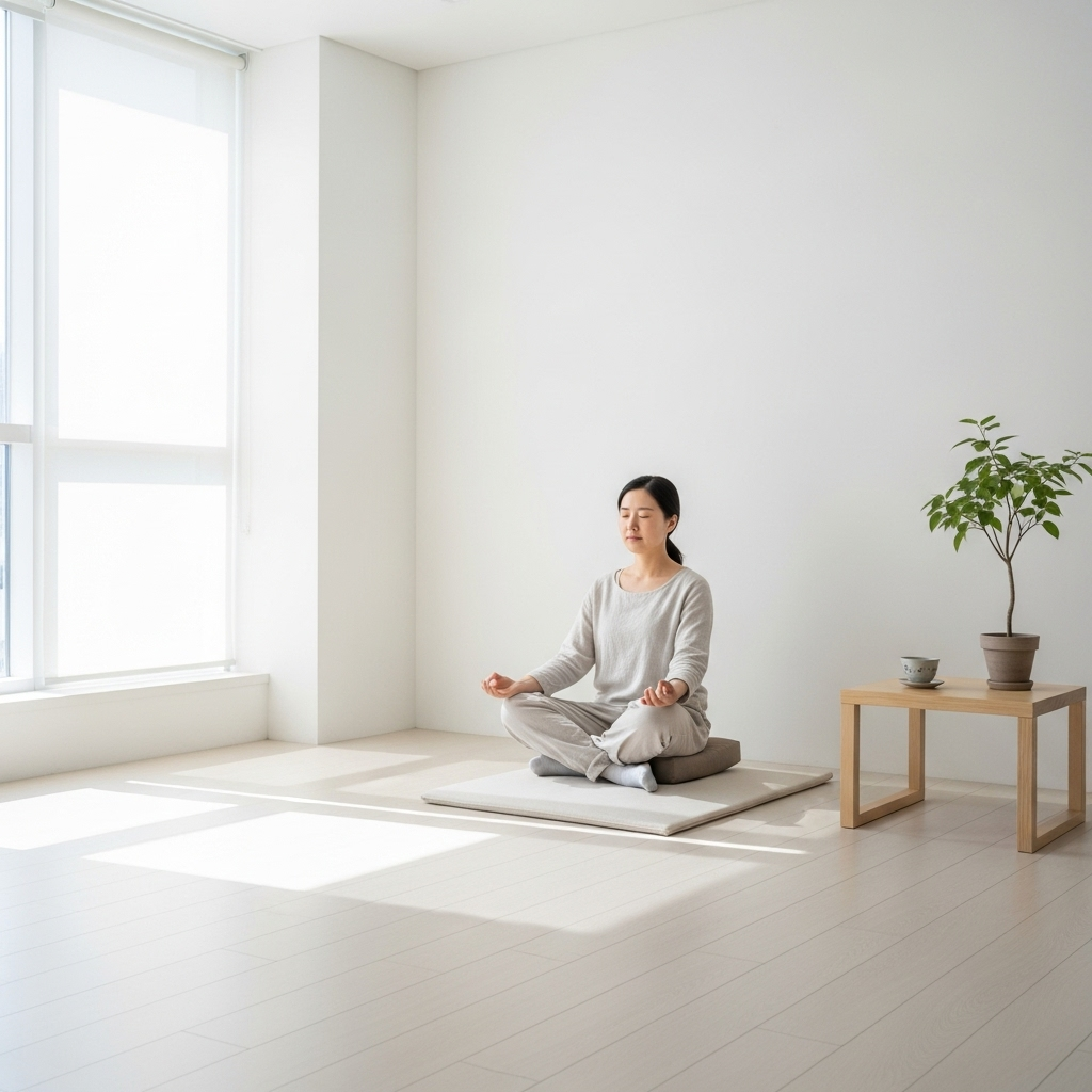 Minimalist room with person meditating peacefully, clean white space, natural light from window, simple furniture, sense of calm and clarity, lifestyle photography, Korean person, serene atmosphere, no text