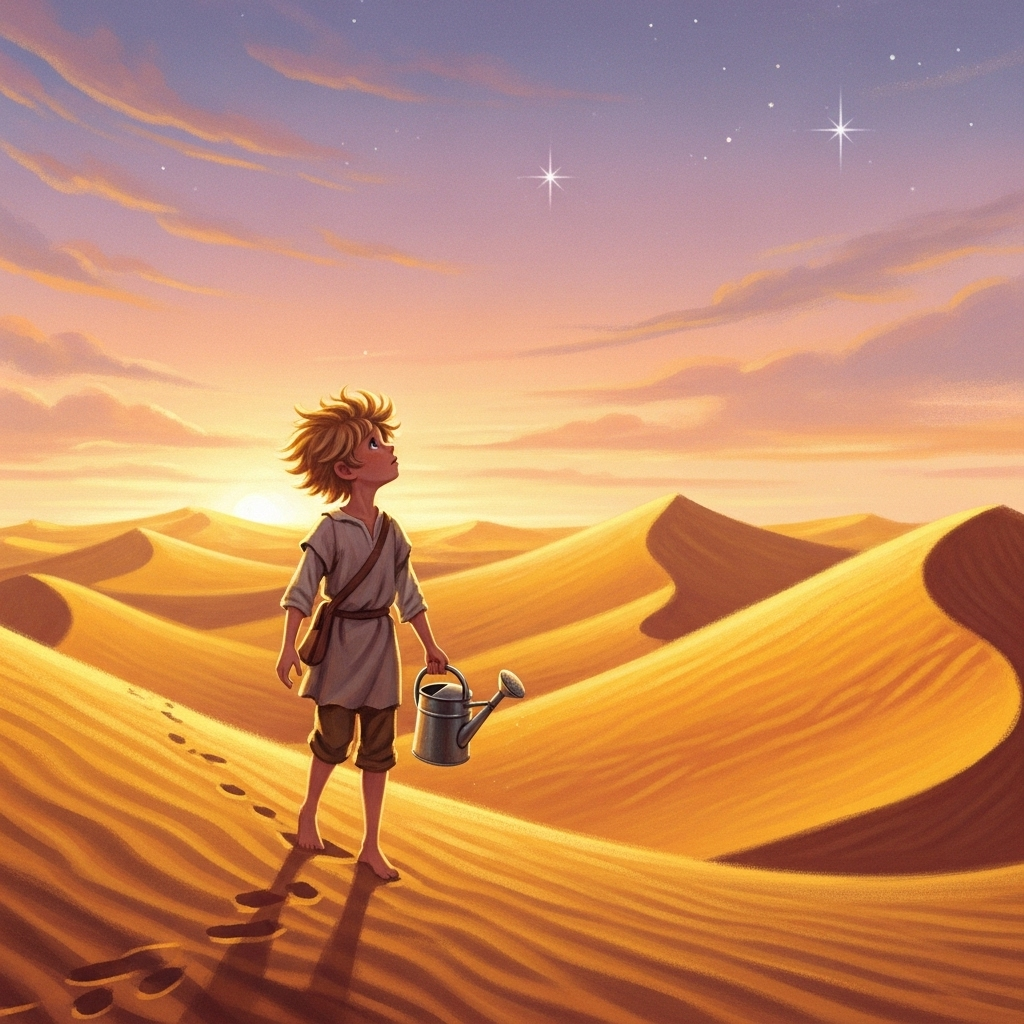A young boy with blonde hair walking through a golden desert landscape at sunset, carrying a small watering can, looking up at stars beginning to appear in the sky, soft dreamy lighting, illustration style reminiscent of classic storybook art, warm color palette, no text